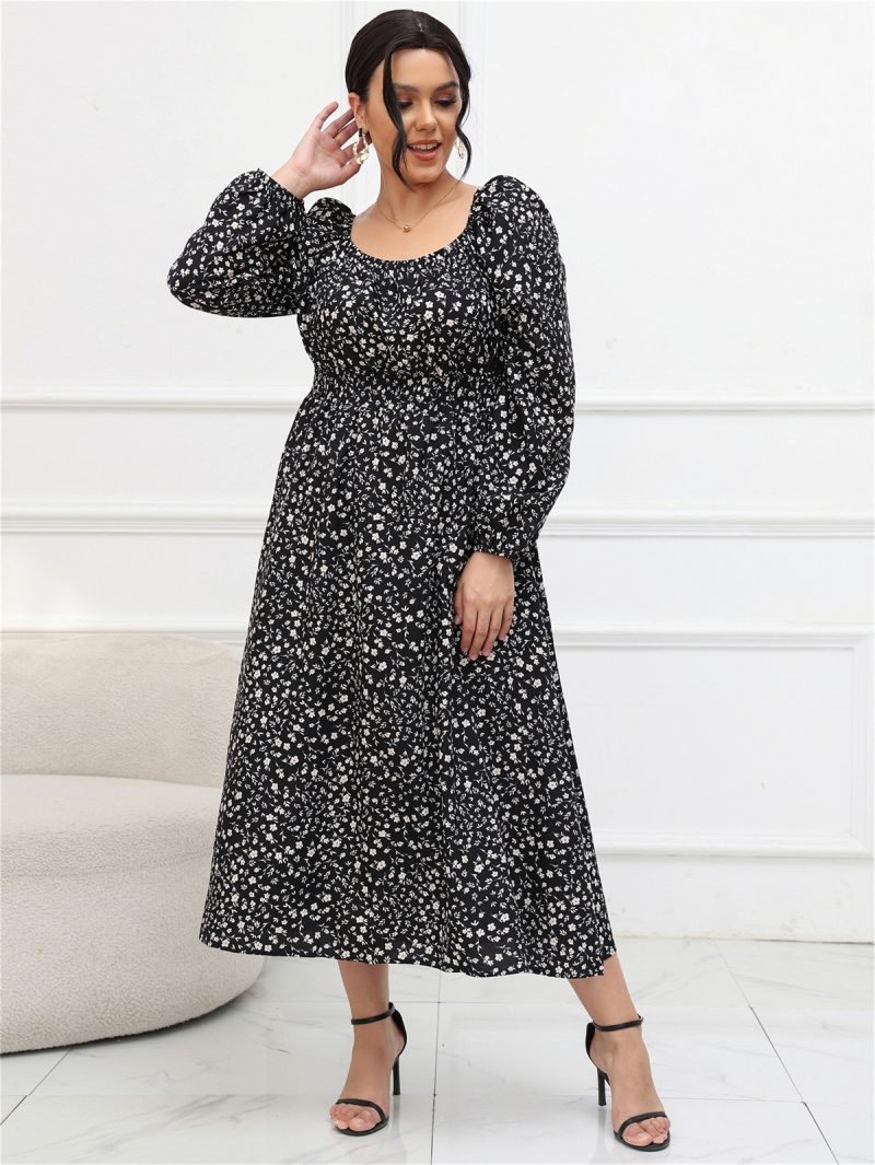 Plus Size Square Collar Puff Sleeve Long Sleeve Mid-length Dress