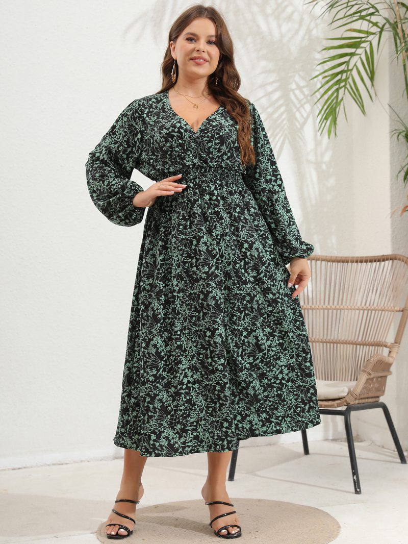 Plus Size Women's V-Neck Long Sleeve Dress with Large Flower Print