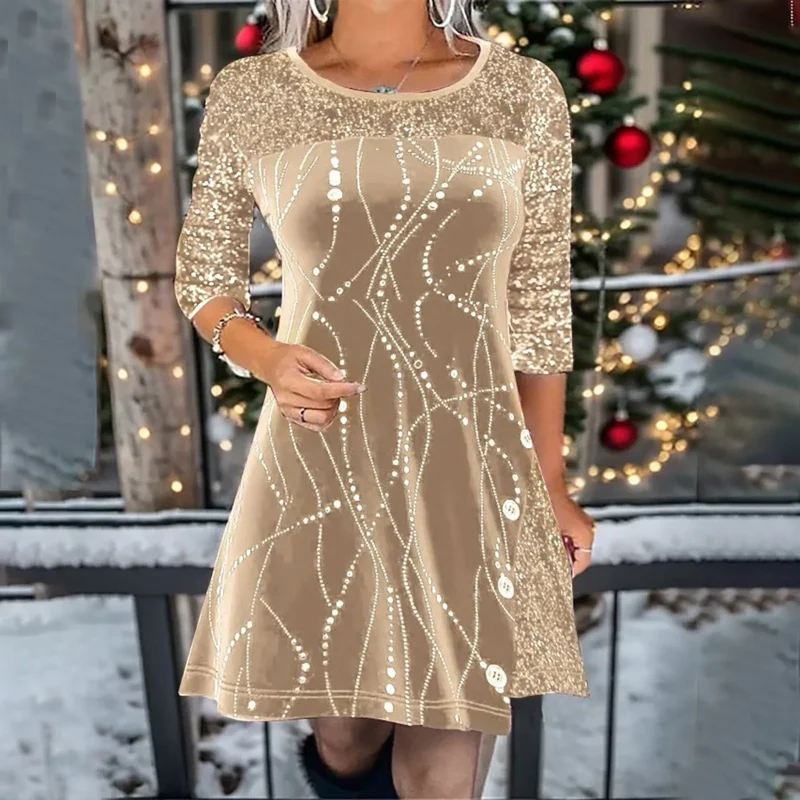 Cocktail Dresses 2024 Solid Color Long Sleeve Round Neck A-Line Glitter Sparkly