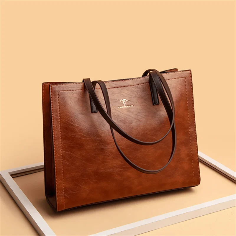 3 Layers Vintage Genuine Leather Big Casual Tote Women Bag