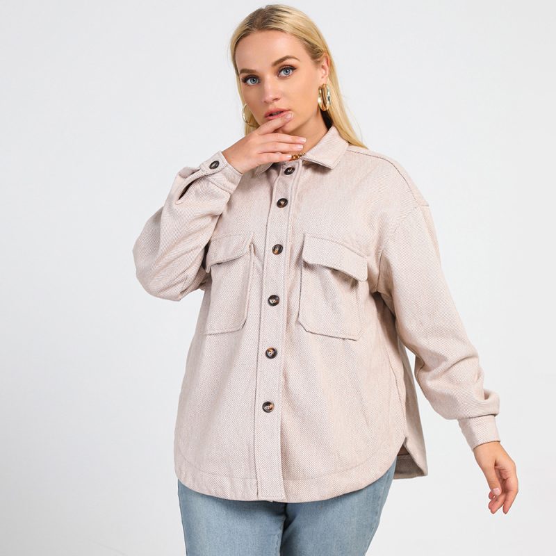 Plus Size Women's Collared Long Sleeve Striped Shirt: Single-Breasted Mid-Length Shirt