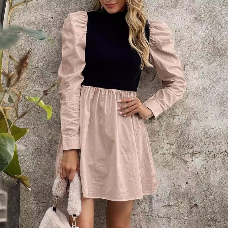 Spring/Summer Half Turtleneck Contrasting Color Dress: Long Sleeve