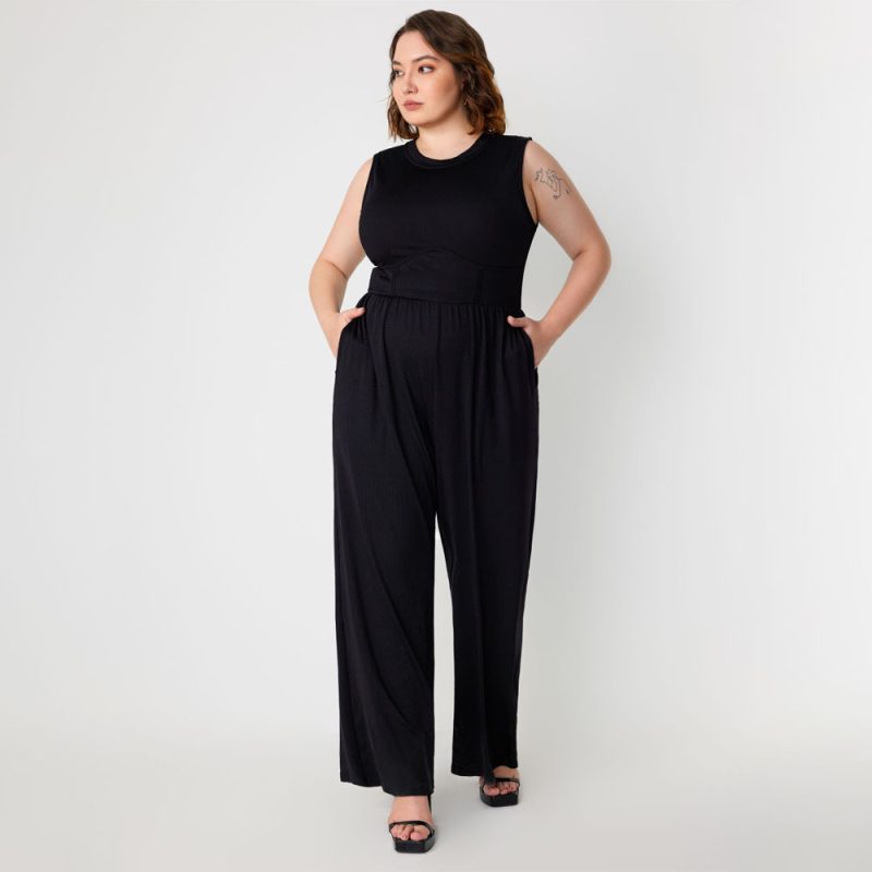 Plus Size Sleeveless Waist-Trimming Jumpsuit: Casual Solid Color, Slimming, All Matching