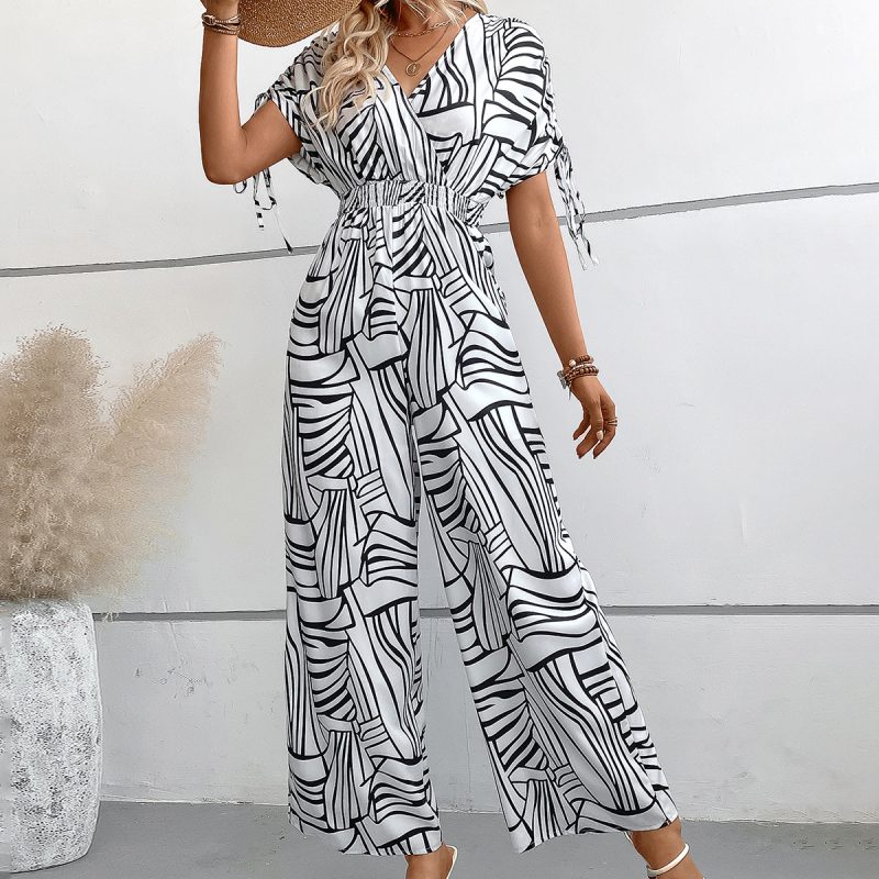 Sexy V-Neck Printed Batwing Sleeve Jumpsuit with Fitted Waist for Women