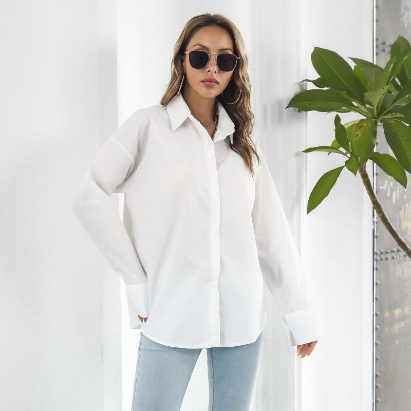 Women Cotton Large Cuff Long Sleeve Mid Length Shirt Loose Shirt Outfit Ideas