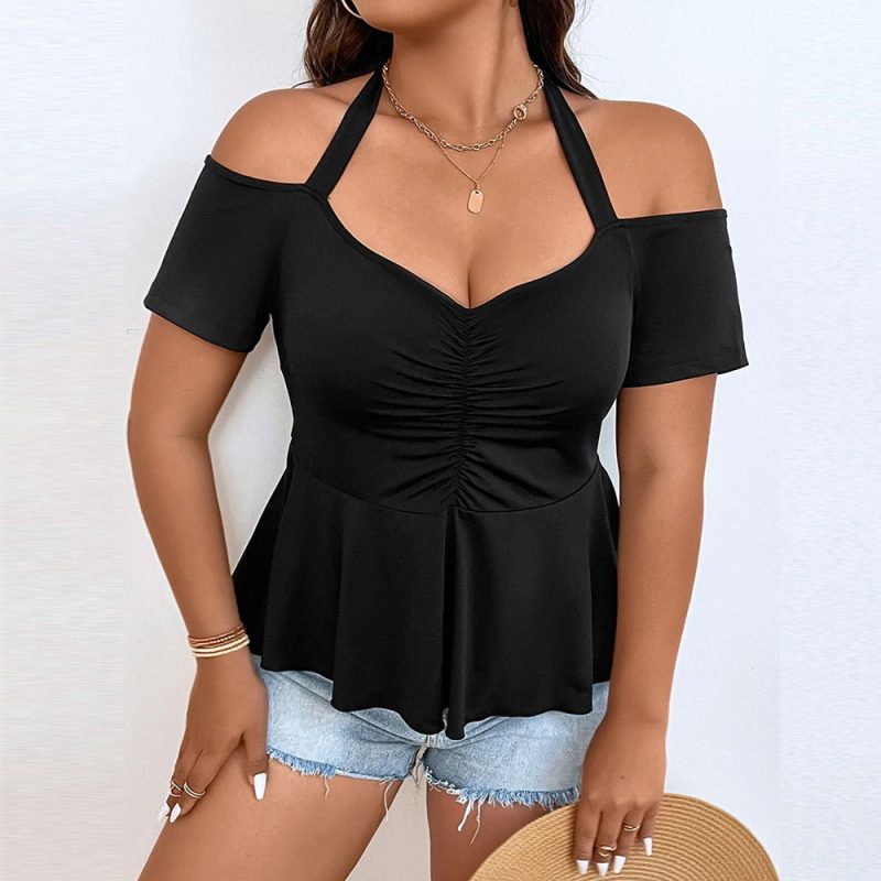 Plus Size Waist Sexy Strapless Halterneck T-Shirt: Solid Color Short Sleeve Elegant Top for Women