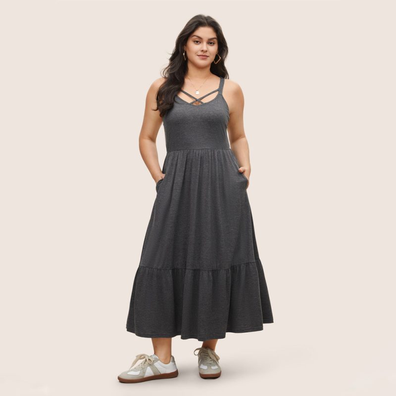 Plus Size Loose Casual Vacation Maxi Dress with Nipped Waist and Pocket Sling