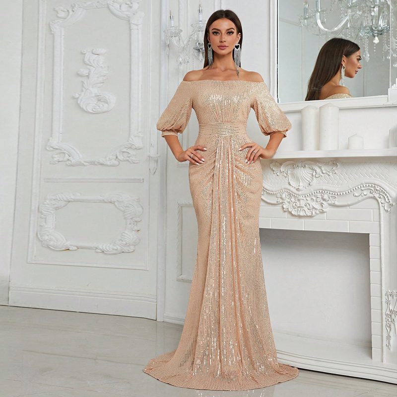 Off-Shoulder Sequined Evening Dress: Elegant Fishtail Style