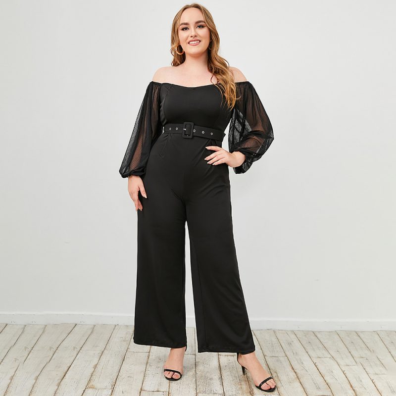 Spring Plus Size Women's Bodysuit: One-Neck Belt Waist Slim Fit