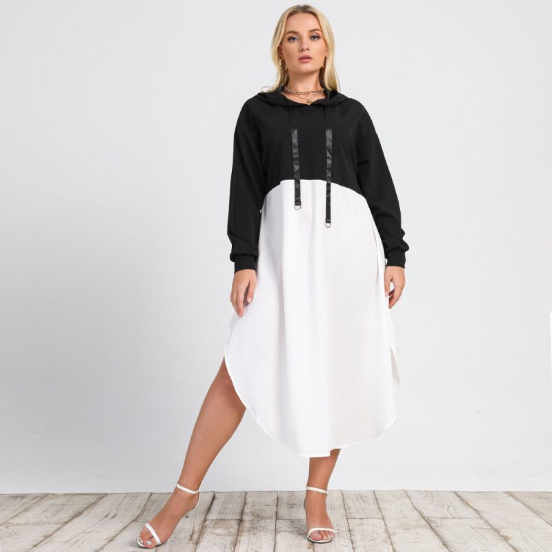 Plus Size Autumn New Women's Swing Dress: Long Sleeve Crew Neck Casual Hooded Black-White Contrasting-Color Design