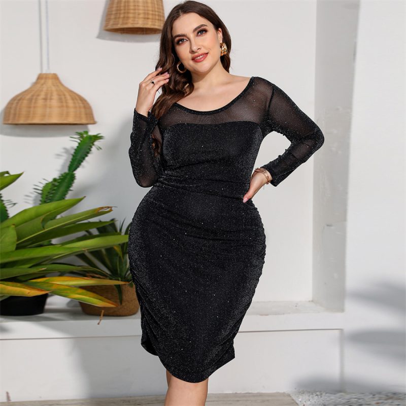 Plus Size Women's off-Shoulder Long Sleeve Slim Package Hip Pleated Dress with Hollow Out Cutouts and Diamond Embellishments