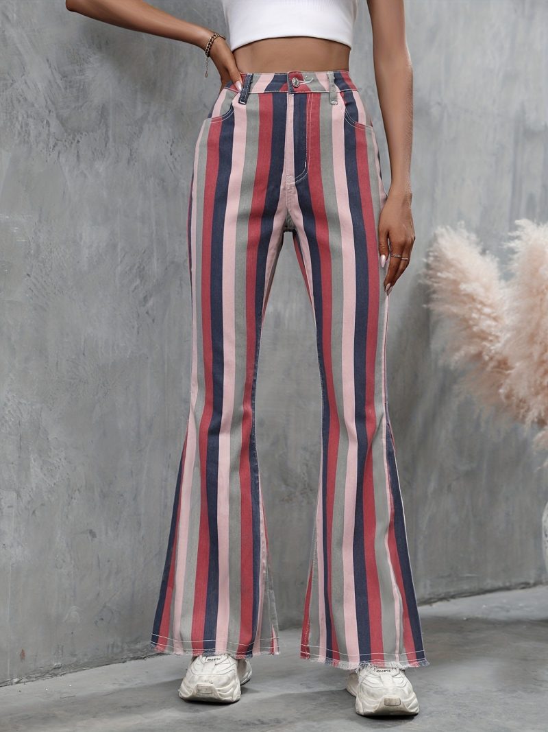 Spring Summer Striped Skinny Raw Edge Denim Casual Trousers Women