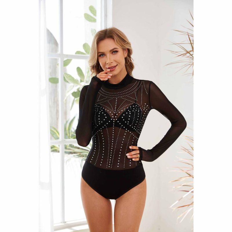 Long Sleeve Round Collar Gauze Rhinestone Jumpsuit: Women's Clothing