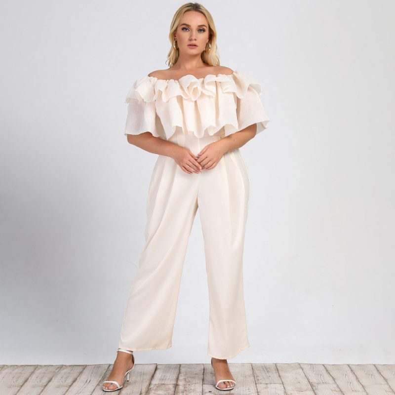 Summer New Plus Size Women's Jumpsuit: Lotus Edge Off-Shoulder Solid Straight-Leg Office Casual Pants