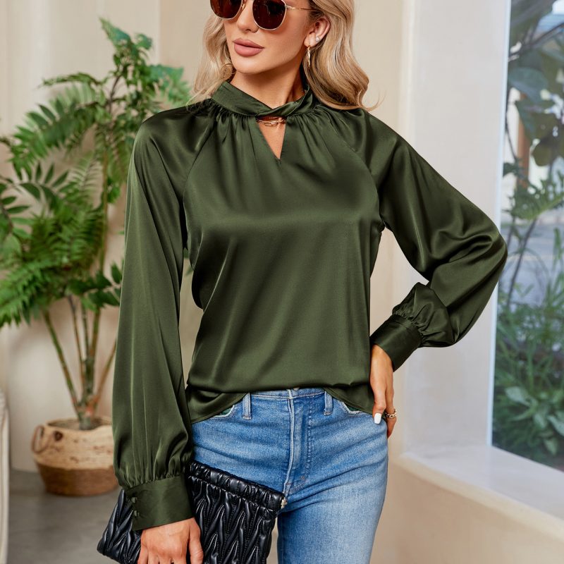 Casual Blouse Tops: Women's Long Sleeve Satin Silk