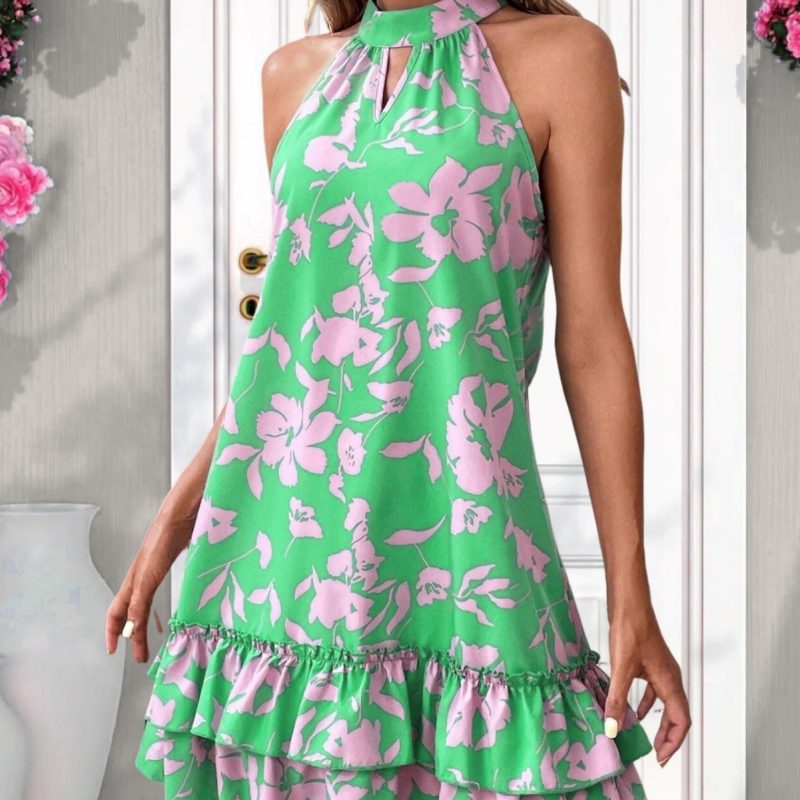 Women's Halter Sleeveless Ruffled Dress: Printed Lace-Up