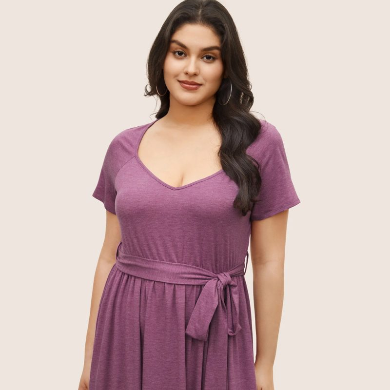 Plus Size Solid Color Belted Waist Slimming Summer Dress