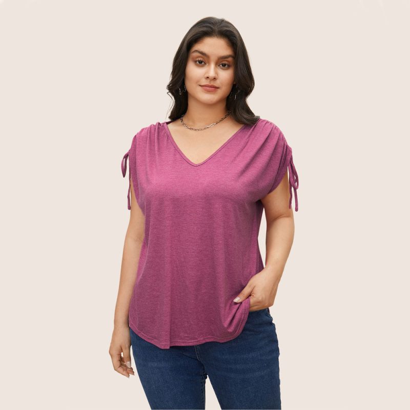 Plus Size Drawstring V-Neck Solid Color Casual Loose T-Shirt Top with Short Sleeves