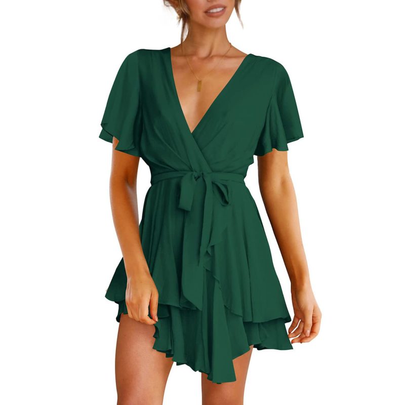 Women's Elegant Deep V-Neck Skater Dress: Lace Pleated