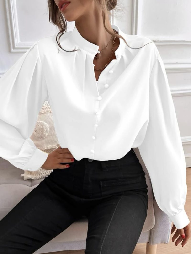 Shirt Women Clothes Half Open Collar Solid Color Loose Long Sleeves Elegant Outfit Ideas