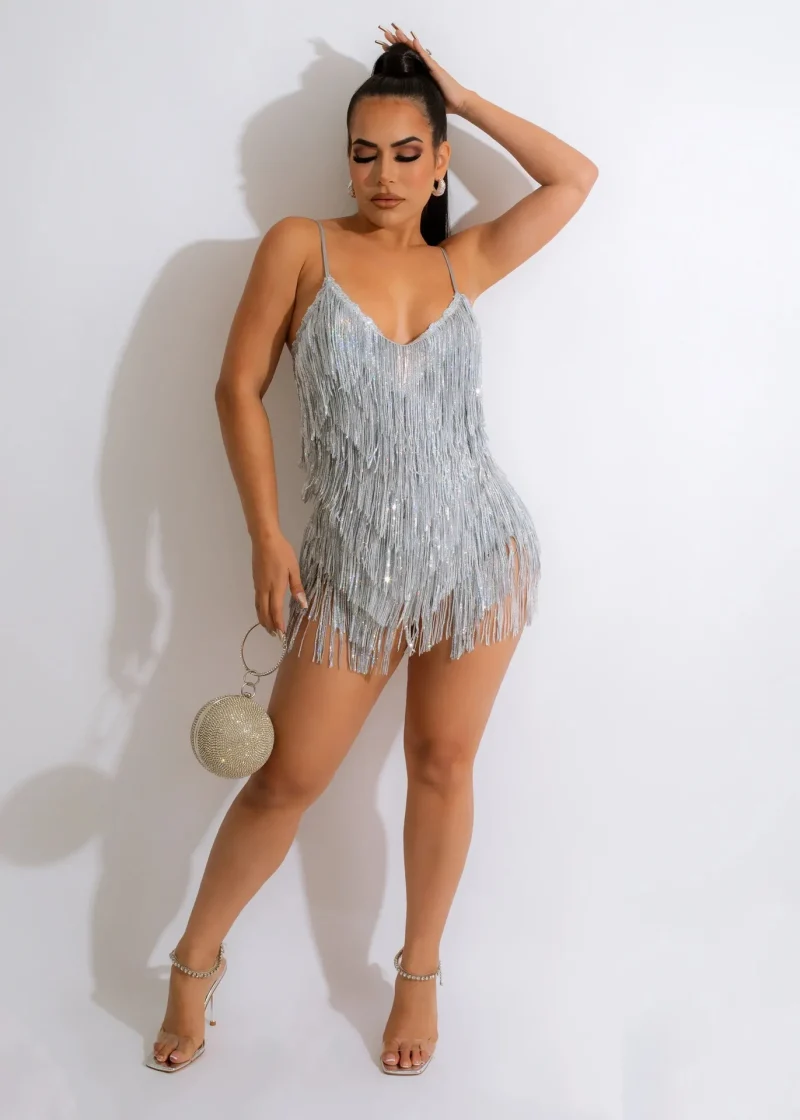 Women Bodycon Tassels Mini Dress Sequined Deep V-neck