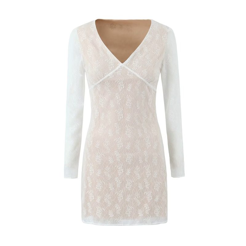 Women's Sexy V neck Long Sleeve Lace Dress