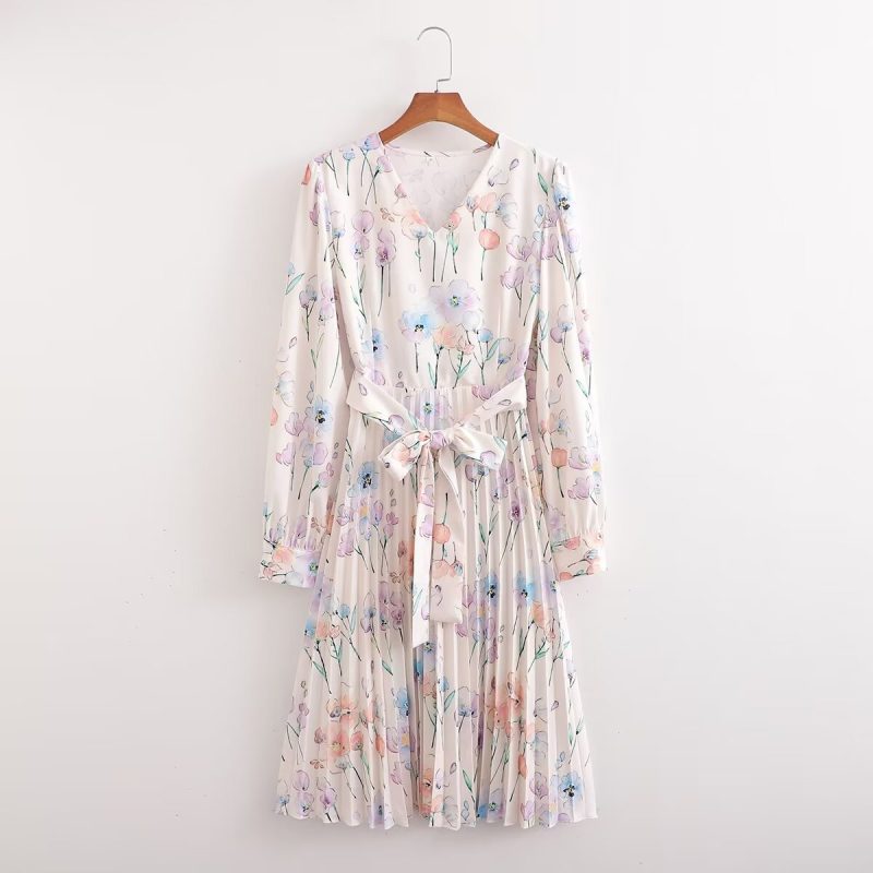 Women's Crumpled Printed Long Sleeve Dress