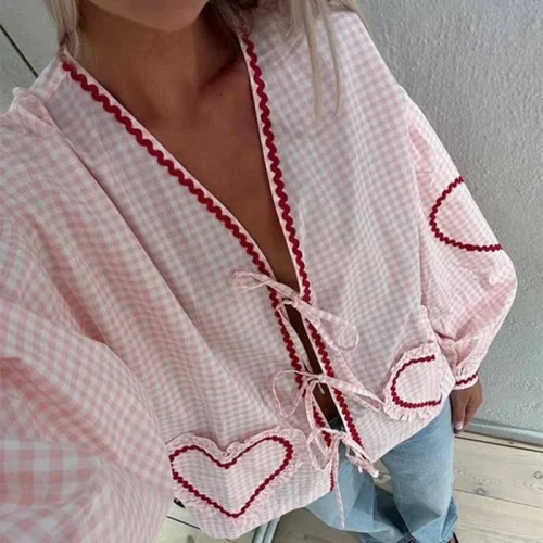 Women's Four Color Plaid Love Ribbon Shirt photo review