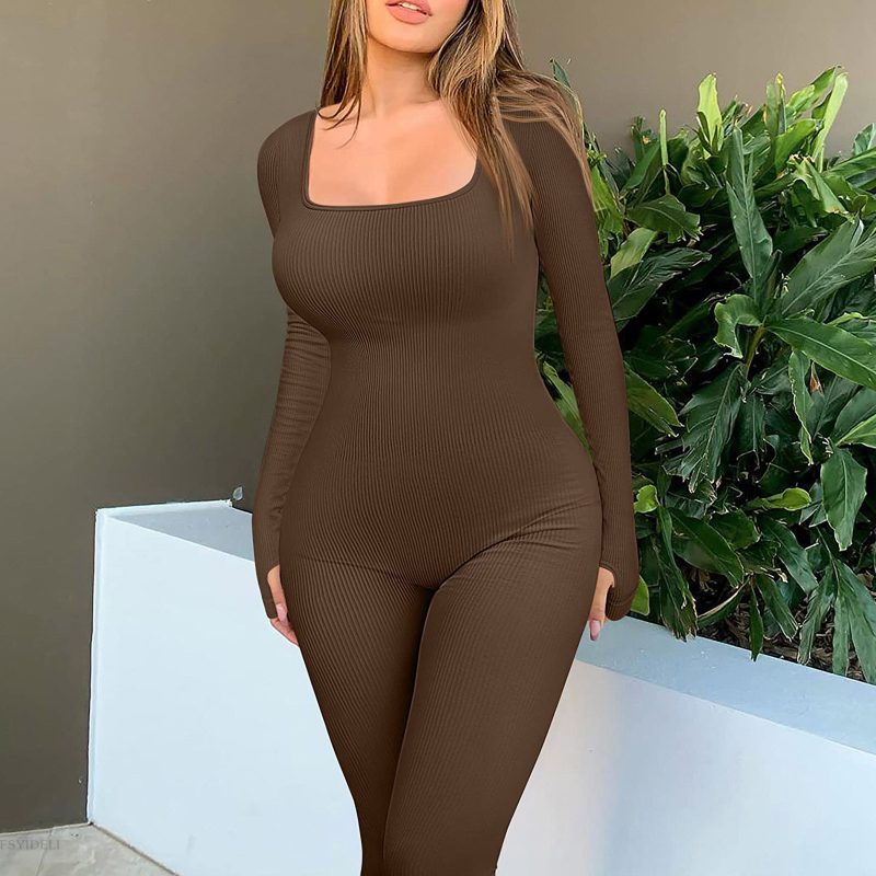 Women's Autumn Winter Thread Square Collar Hip Raise Slim Fit Sexy Jumpsuit