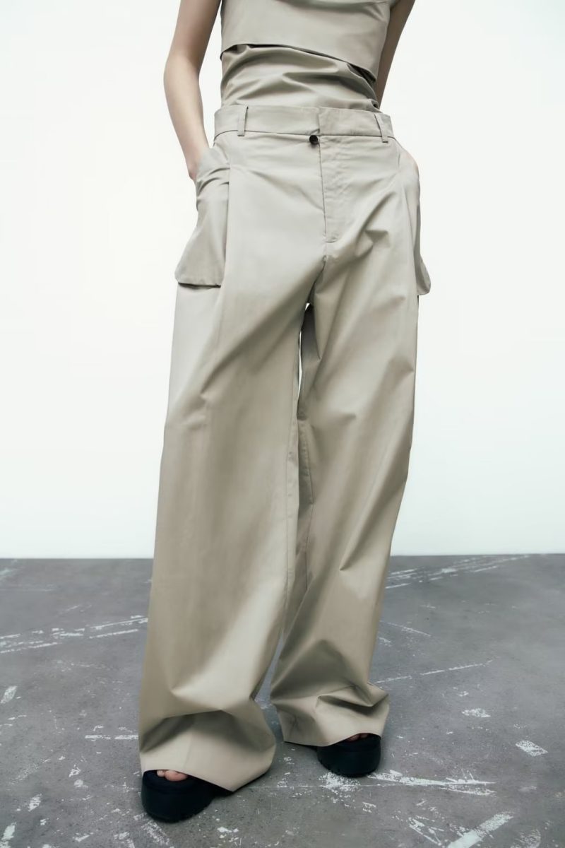 Women's Khaki Loose Fitting Wide Leg Trousers