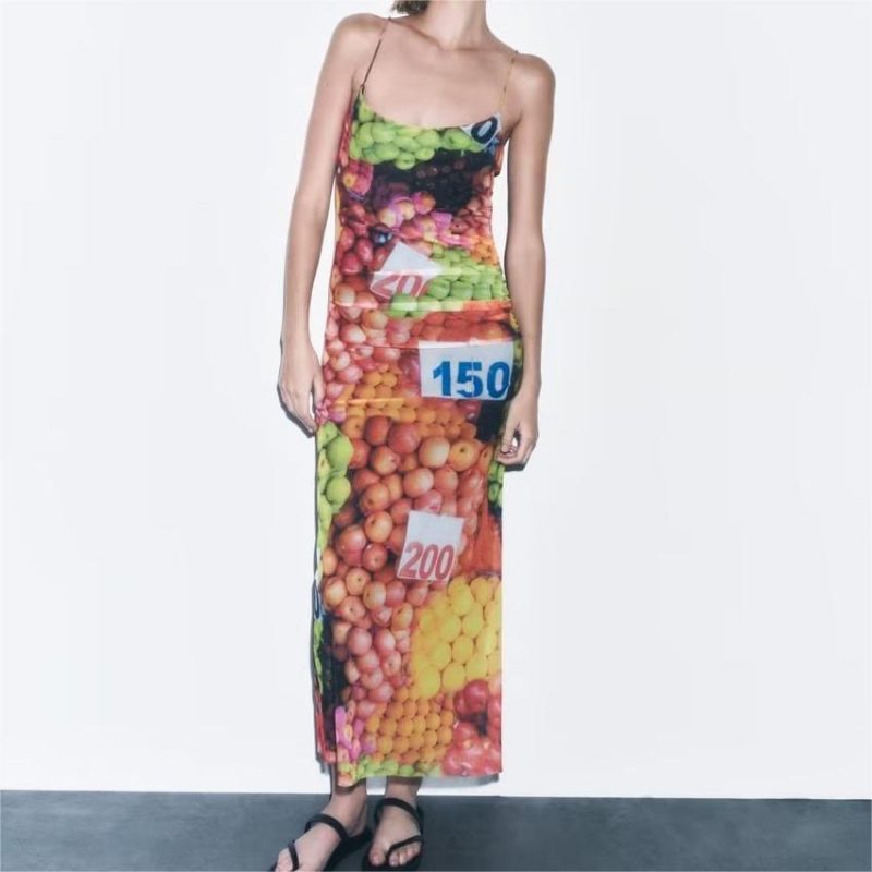 Women's Dress Maxi Dress Camisole Fruit Printed Silk Net Dress