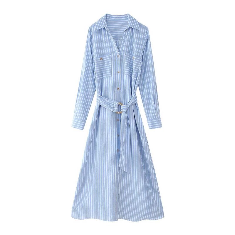 Women's Clothing Casual Belt Striped Dress