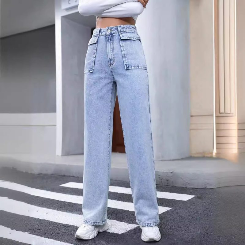 Women's  Clothing Straight Pocket High Waist Denim Trousers