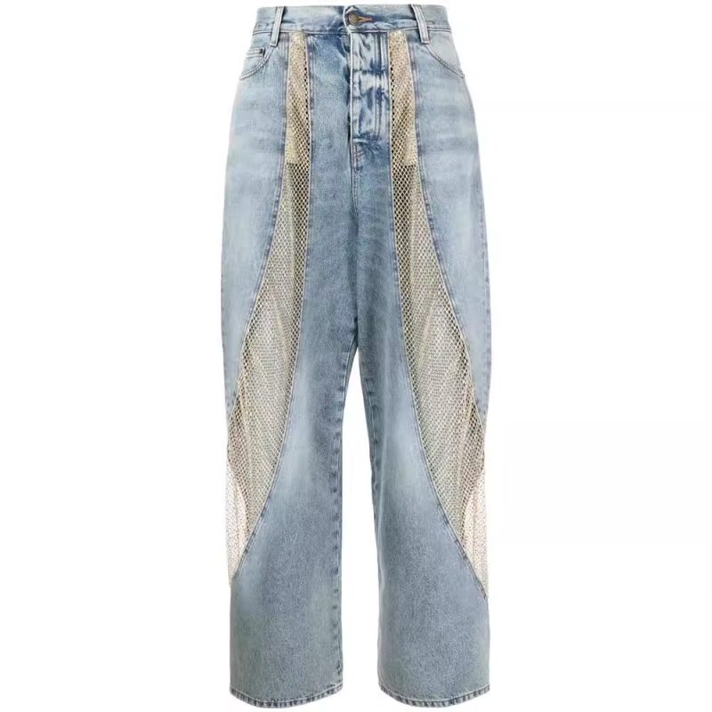 Women's  Stitching Washed Worn High Waist Wide Leg Jeans for Women