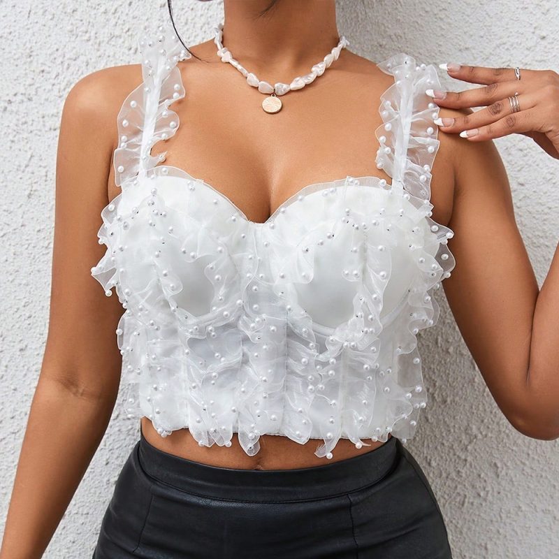 Women's Beads Boning Corset Bra Women Slim Stretch Pearl Lace Sweet Spaghetti Strap Vest