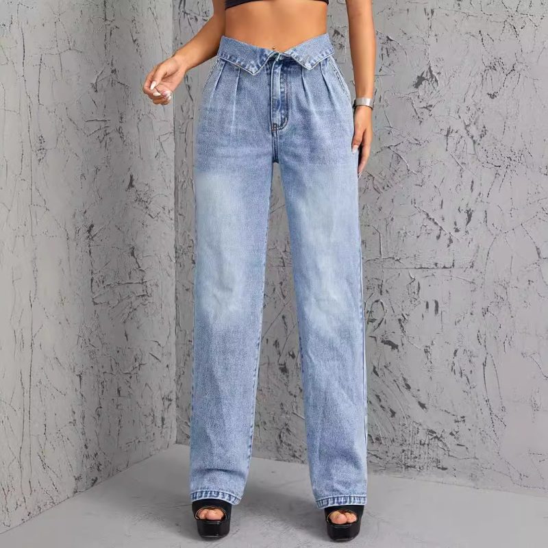 Women's  Clothing Straight Loose High Waist Denim Trousers