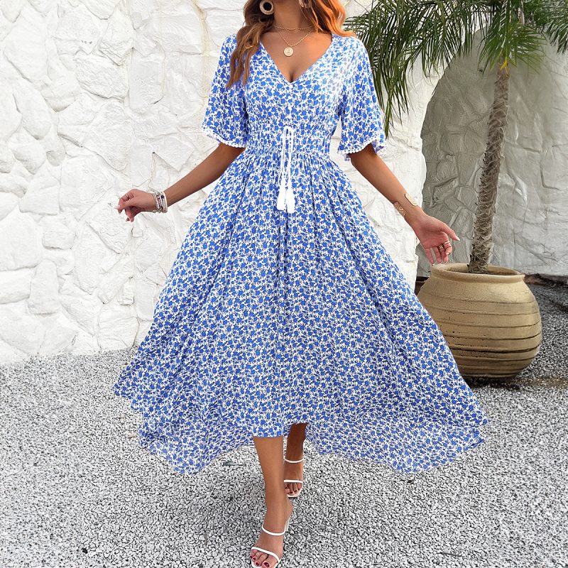 Women's V Neck High Waist Elegant Printing Dress