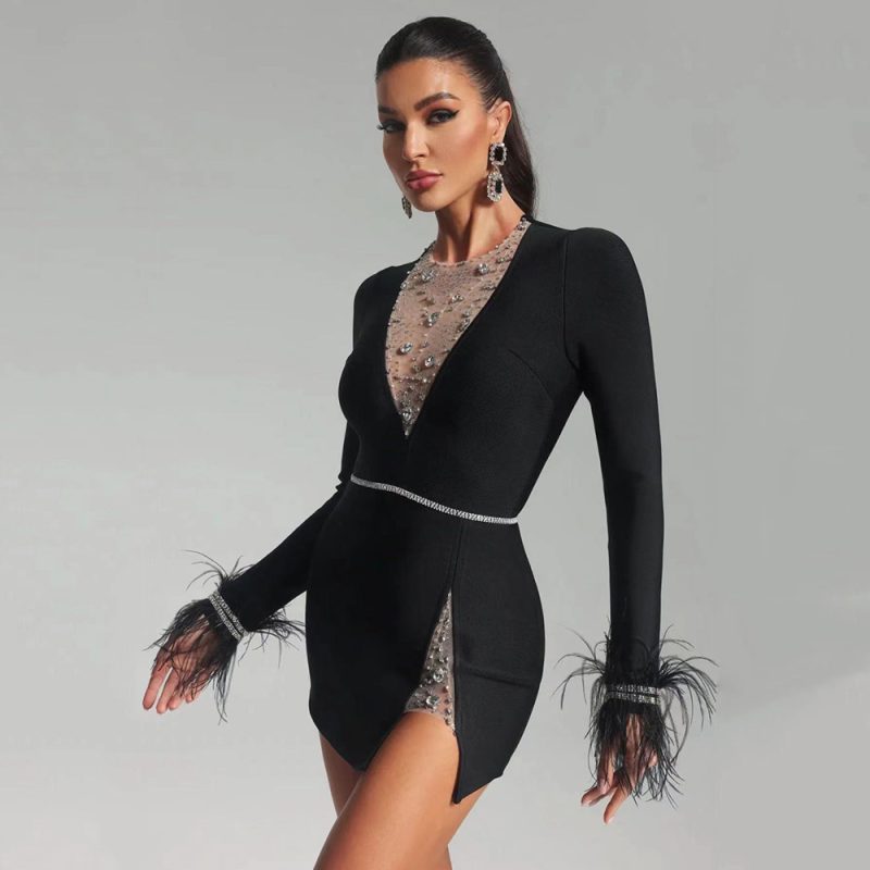 Women's Feather Long Sleeve Bandage Dress Ladies Party Party Dress