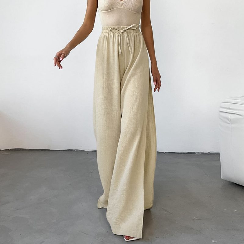 Women's All Matching Khaki Loose All Cotton Sexy Slit Trousers