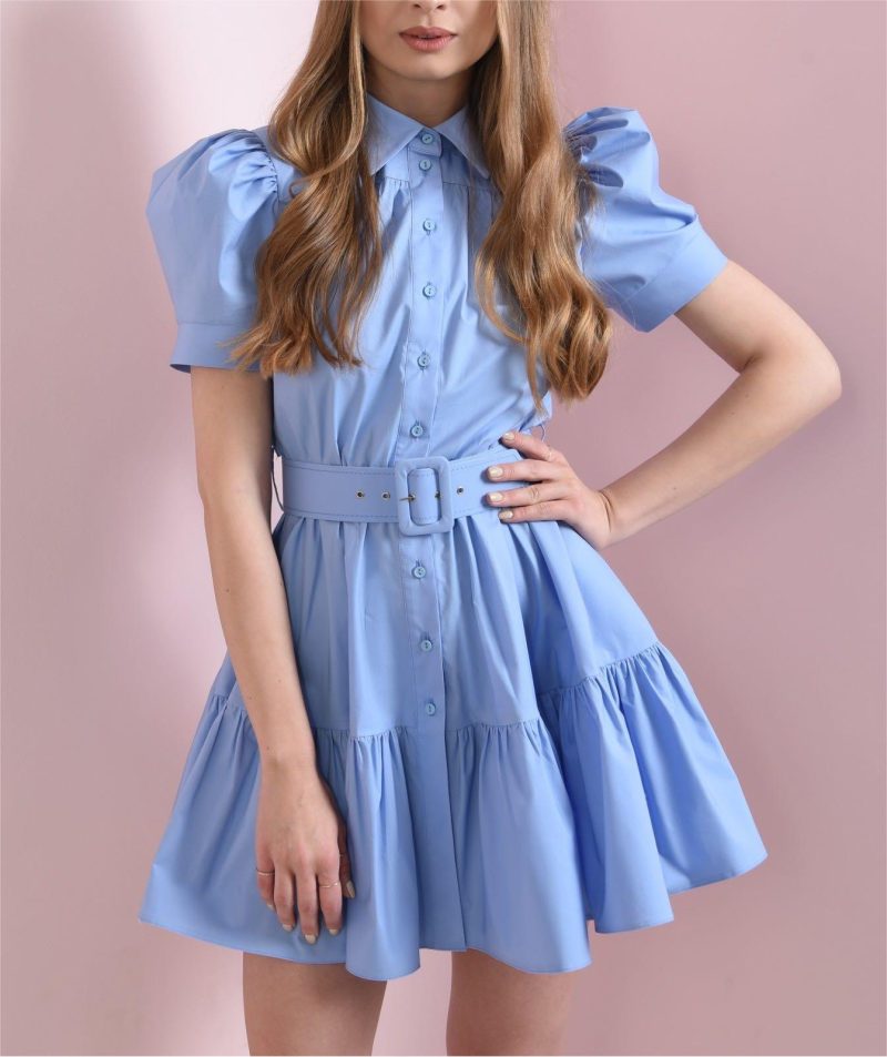 Women's Slimming High Grade Blue Polo Collar Shirt Dress