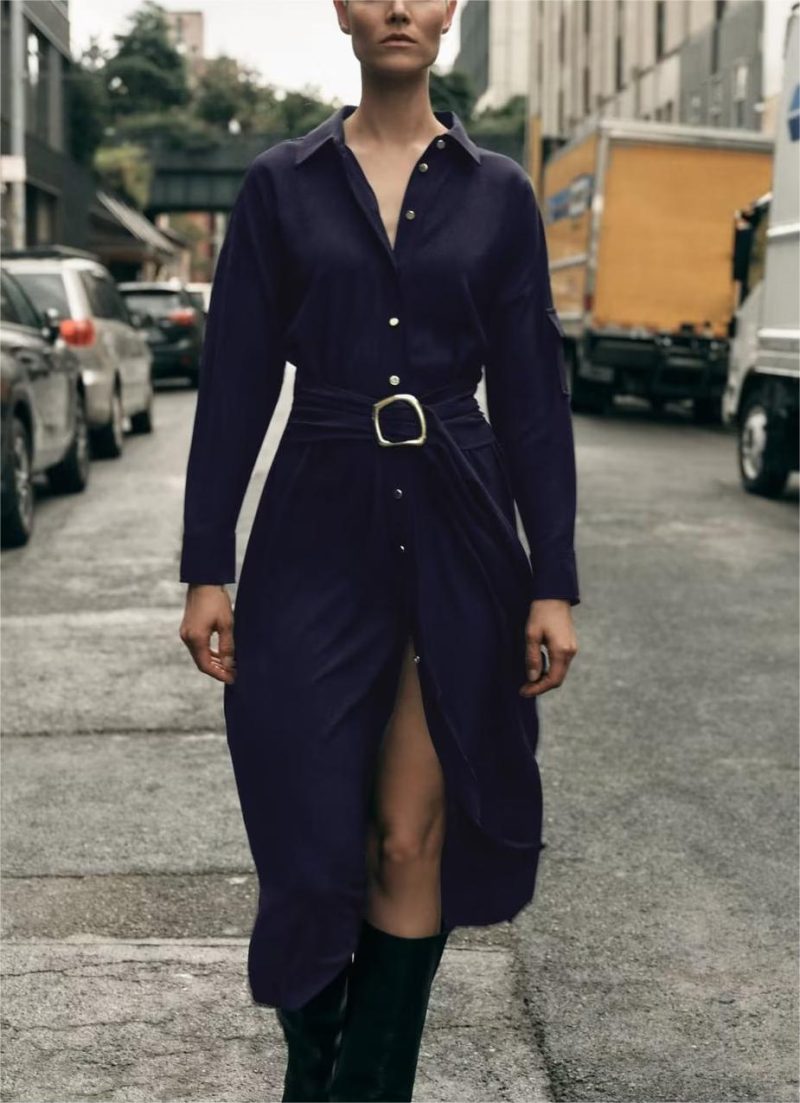 Women's   Street with Belt Midi Shirt Dress