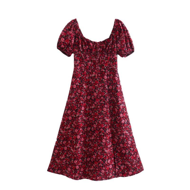 Women's  Clothing French Print Drawstring Floral Short Sleeve Dress