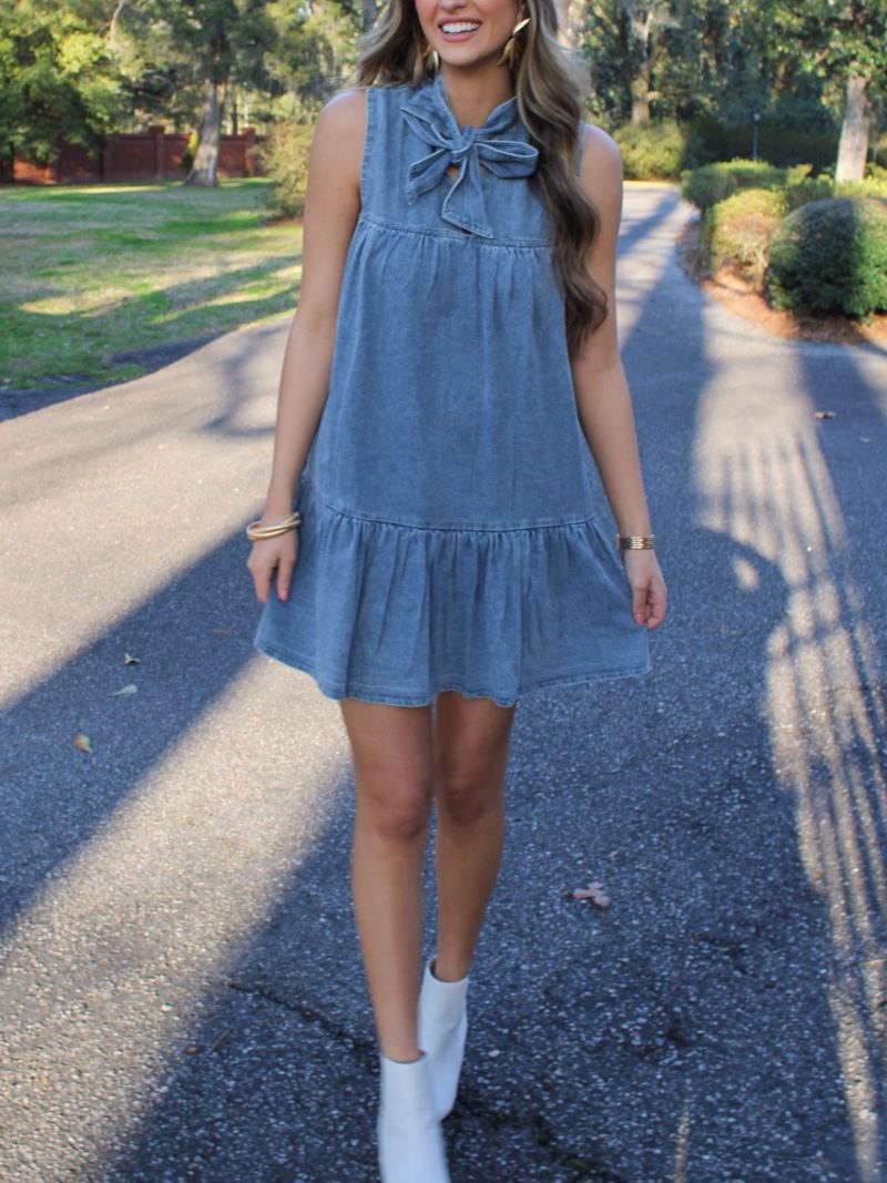 Women's Ladies Summer Denim Washed Classic Bow Tie Loose Dress