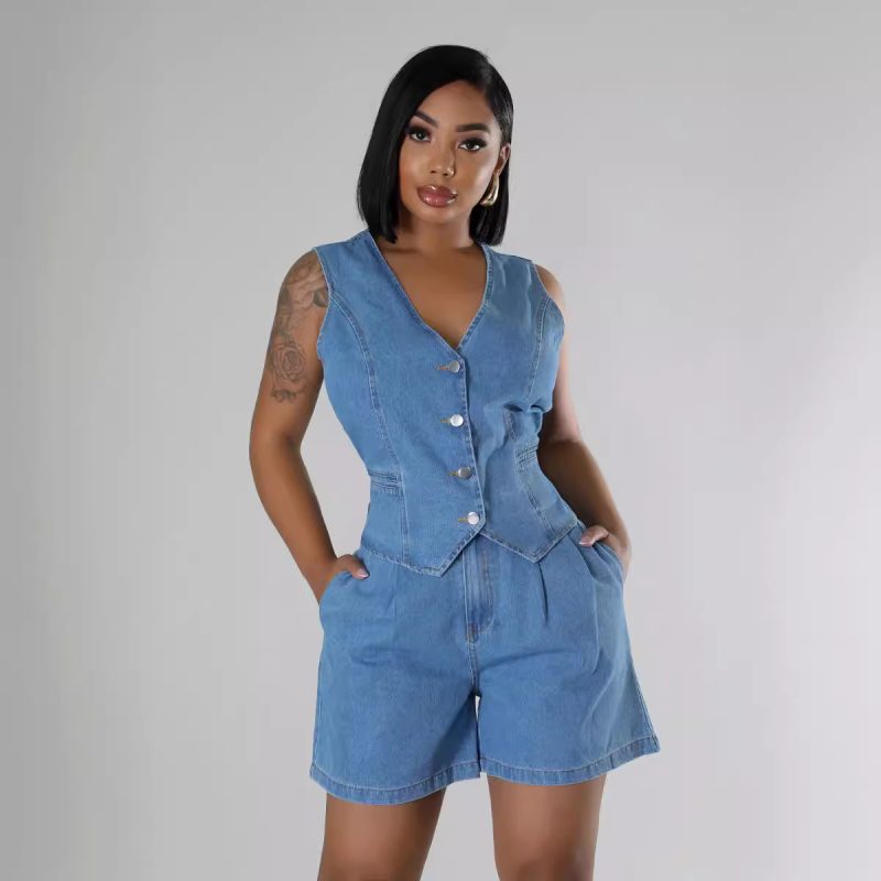 Women's  Casual Sleeveless High Waist Women Denim Shorts Sets