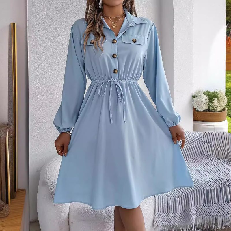 Women's  Winter Casual Button Lace up Waist Controlled Long Sleeves Shirt Dress Women Clothing