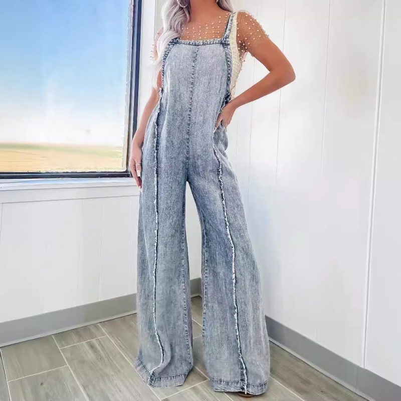 Women's Fitting Overalls Women Retro Washed Raw Hem Wide Legs Jumpsuit