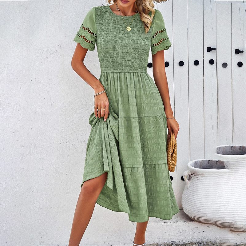 Women's Summer Solid Color Smocking Hollow Out Cutout Dress