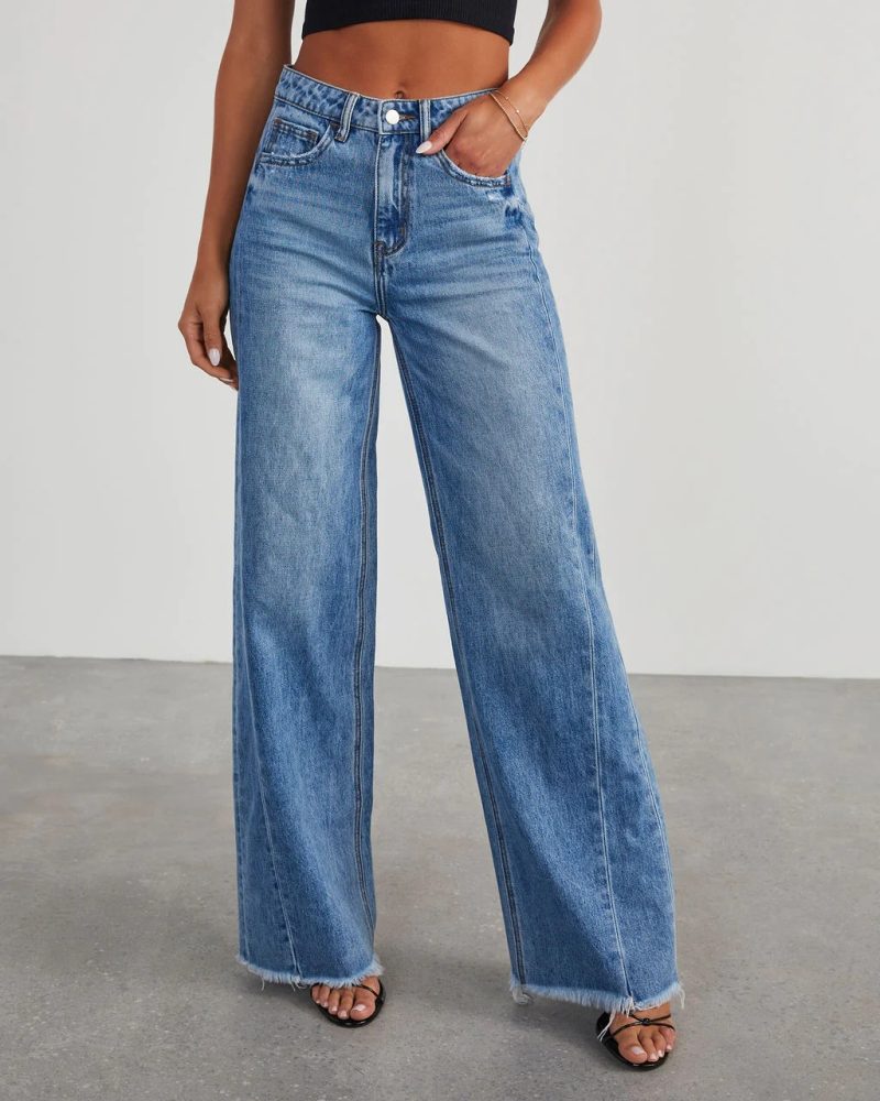 Women's Wide Leg Side Seam Stitching Frayed Hem Jeans Women