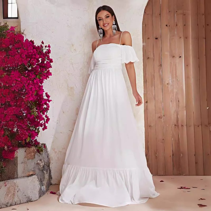 Women's Summer Off Shoulder White Maxi Short Sleeve Prom Evening Dress