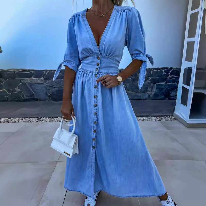 Women's  Clothing Sexy V Neck Long Button Denim Dress